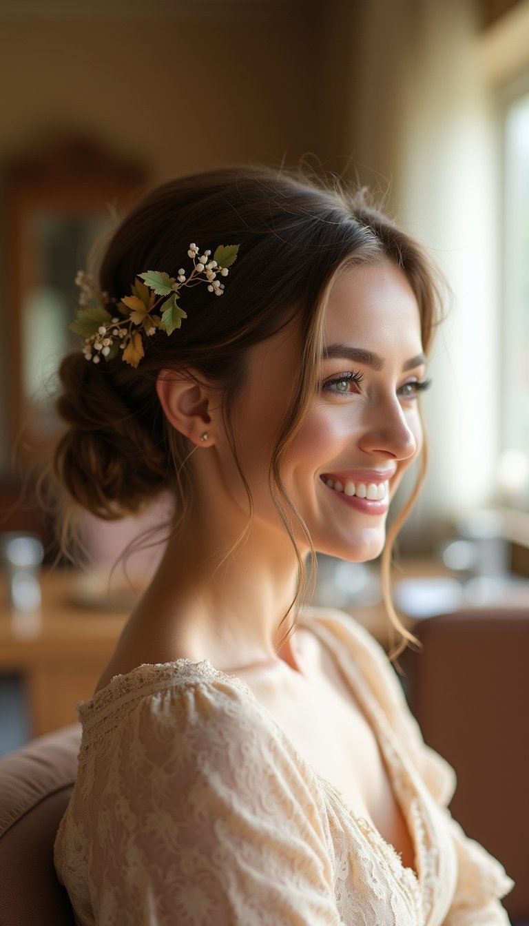 Low Chignon Adorned With Fresh Fall Sprigs