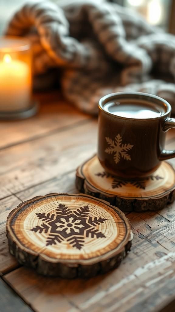 Rustic Wood Snowflake Coasters With Burned Motifs