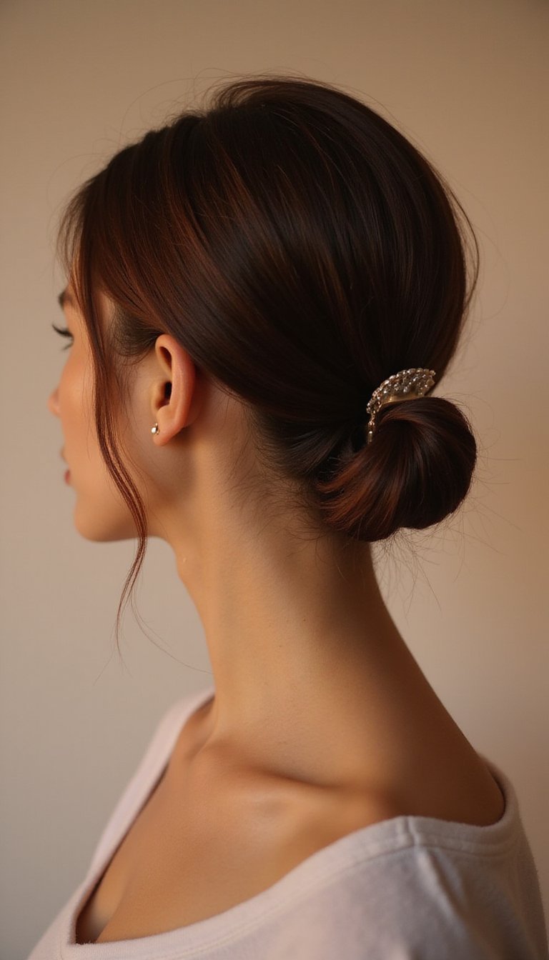 Low Twisted Bun Secured With Claw Clip