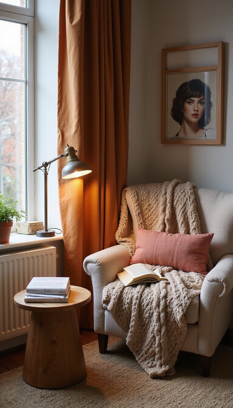 Rinconcito De Lectura Con Luz Cálida Y Mantas