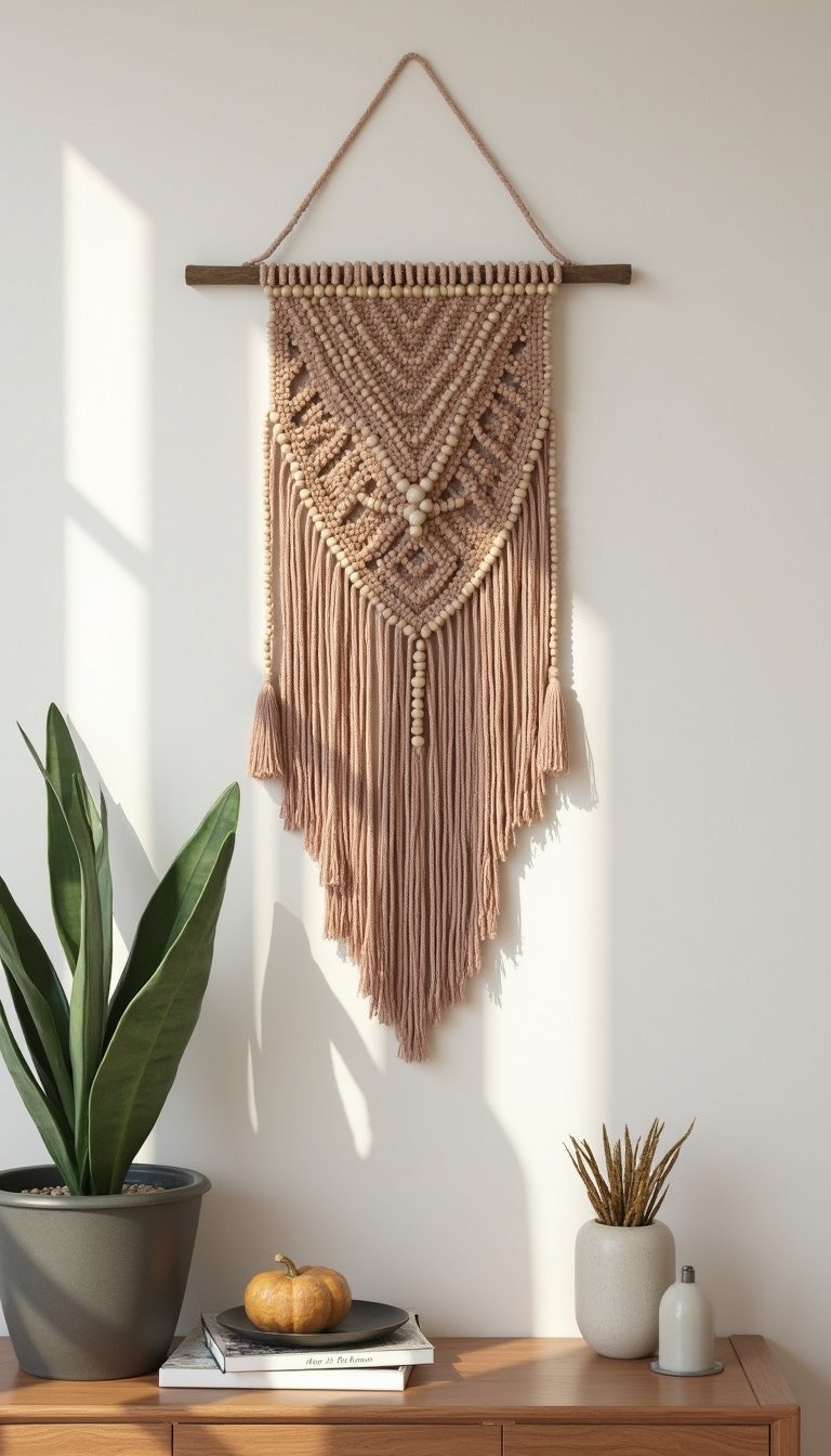 Beaded Fringe Wall Hanging With Wooden Dowel