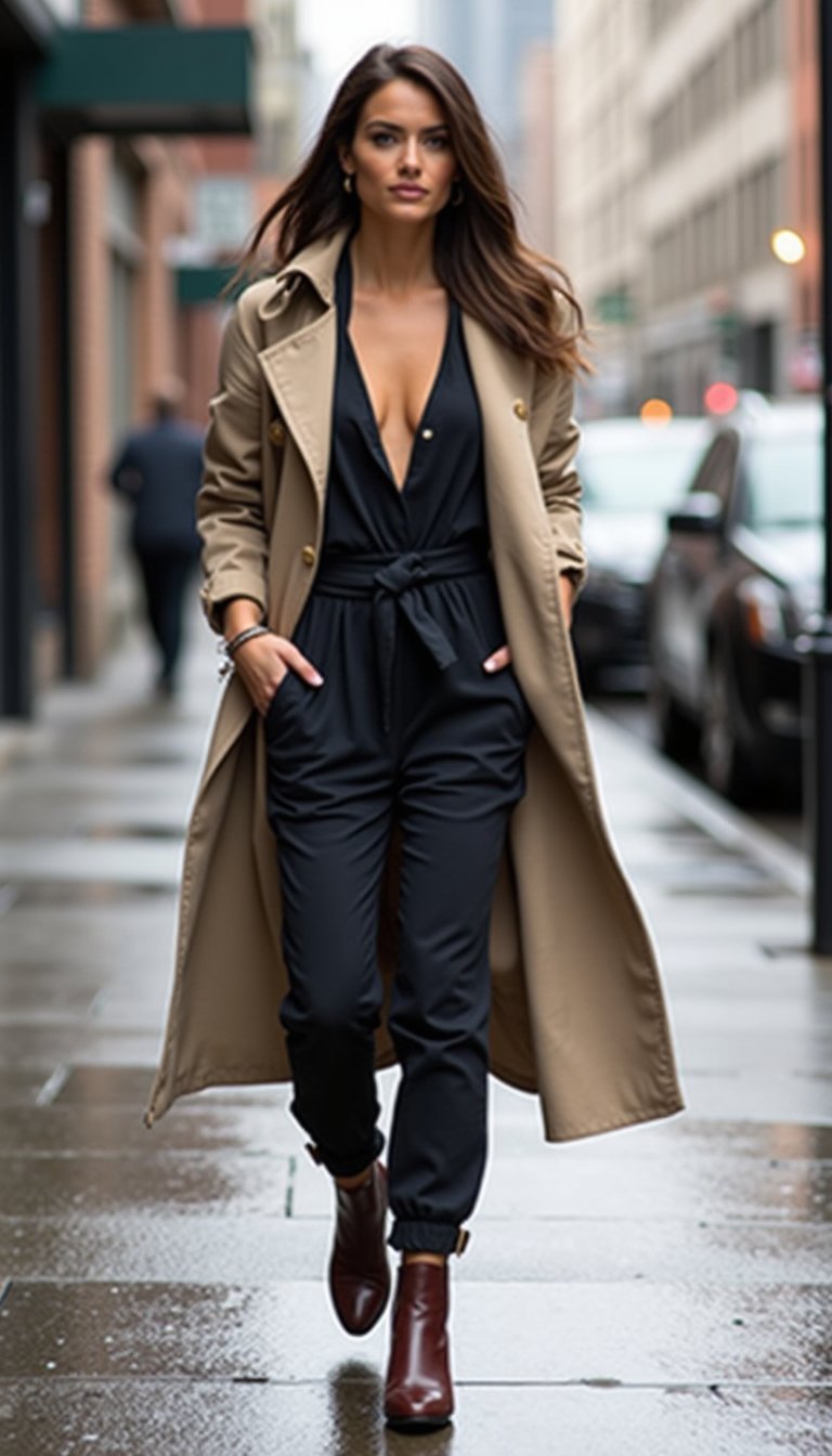 Casual Jumpsuit Paired With Lightweight Trench Coat
