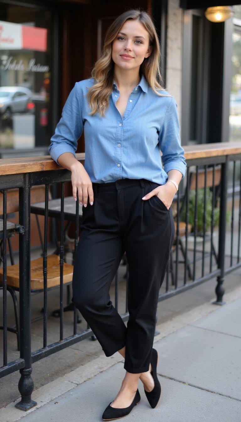 Chambray Shirt With Black Trousers And Flats