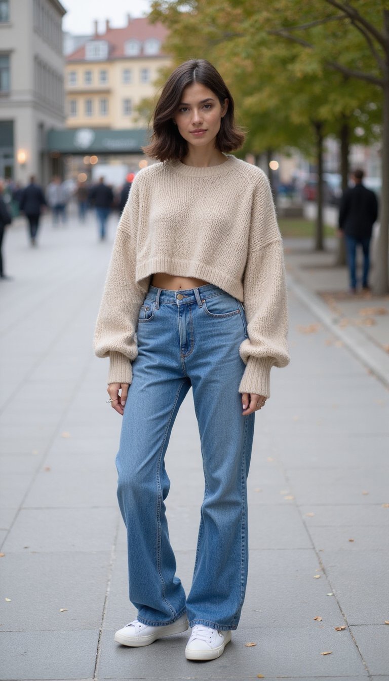 Cropped Sweater With Wide-Leg Jeans And Sneakers