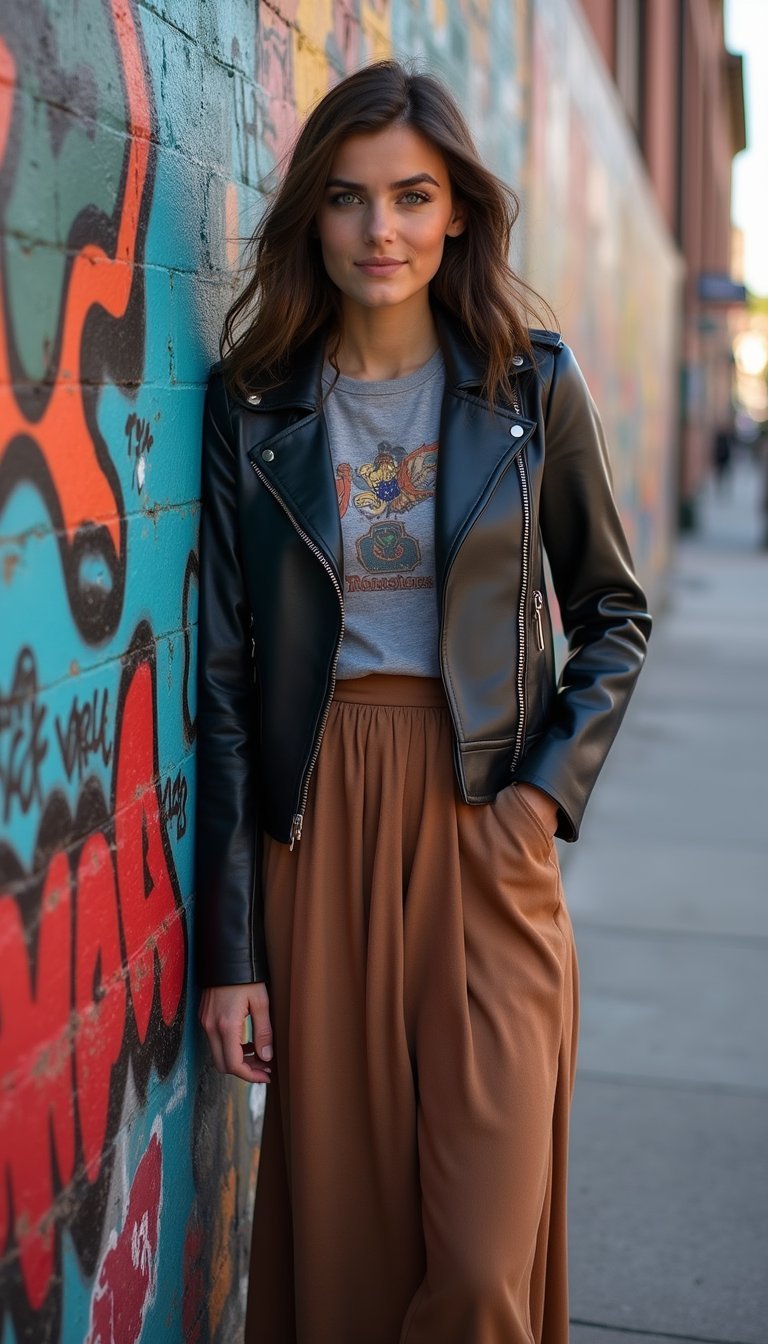 Leather Jacket Over Midi Skirt And Tee
