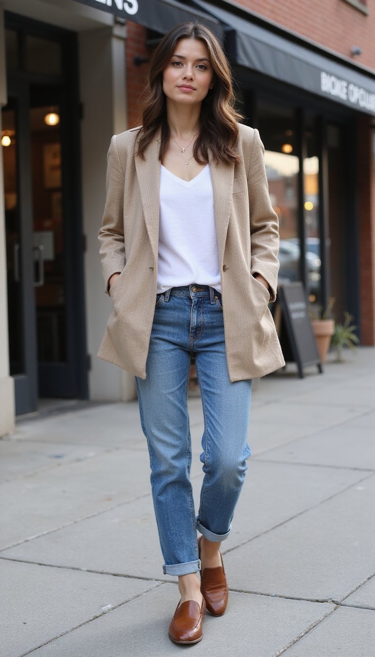Neutral Blazer, Jeans, And White Tee Combo
