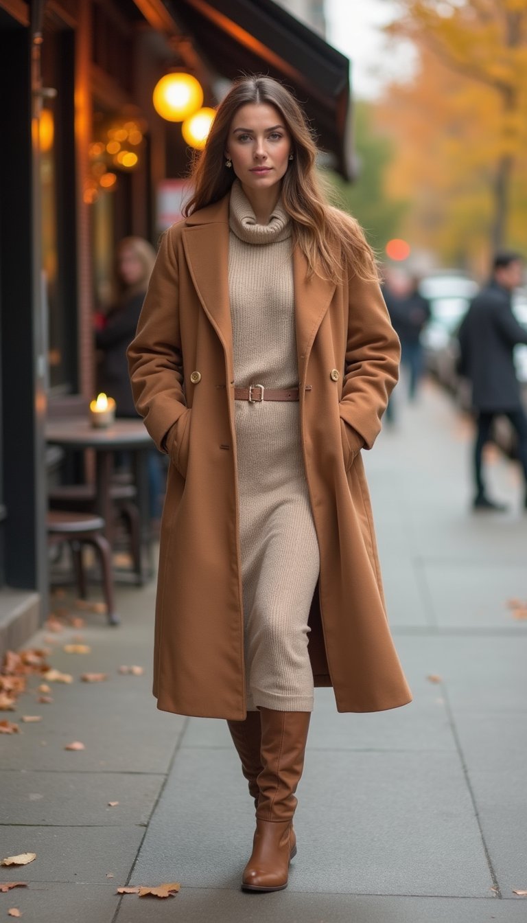 Soft Camel Coat Over Neutral Knit Dress