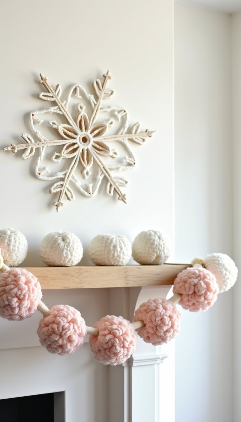 Paper Snowflake And Yarn Pom Garland For Mantel