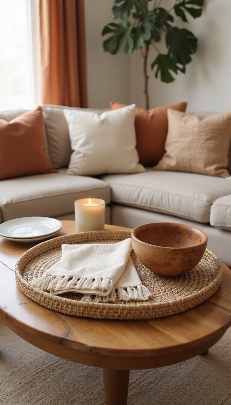 Rattan Tray And Textured Linens For Boho Flair