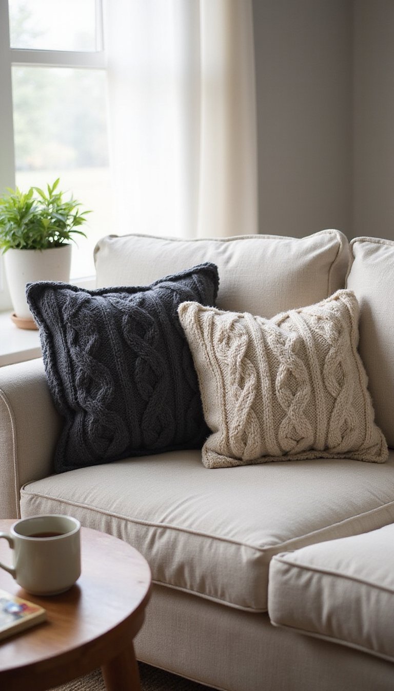 Upcycled Sweater Cable Knit Pillow Covers With Buttons