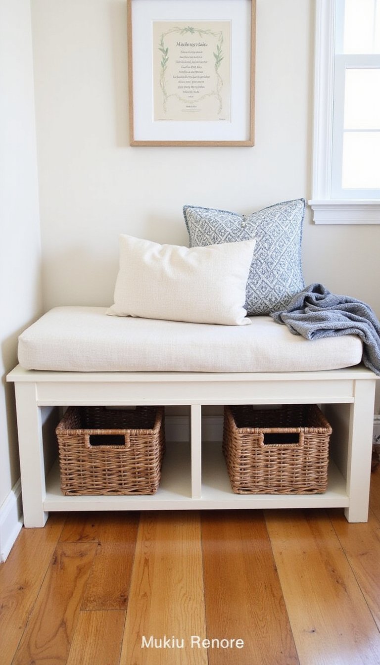 Bench With Wicker Baskets And Cushions