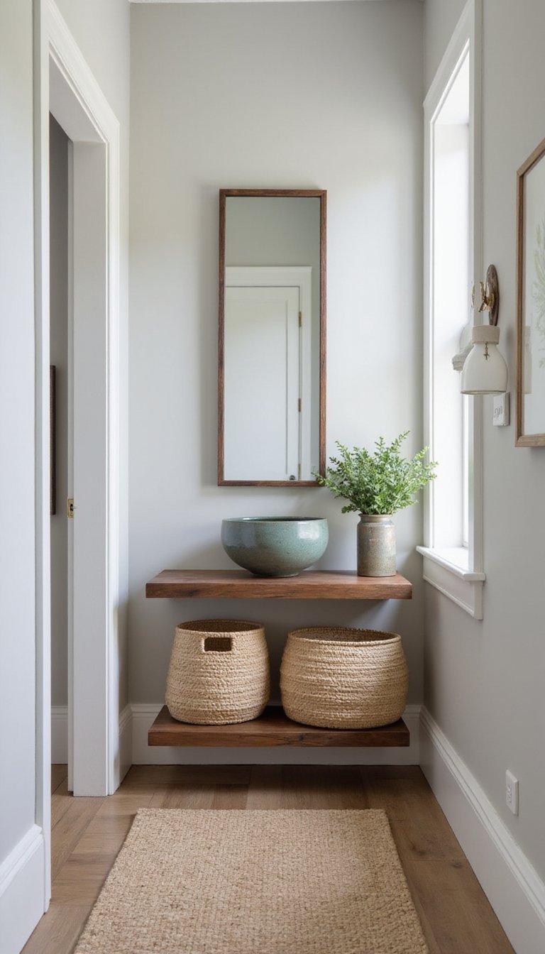 Floating Console Table With Woven Baskets