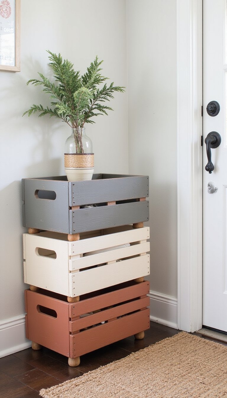 Upcycled Crates Stacked For Shoe Storage