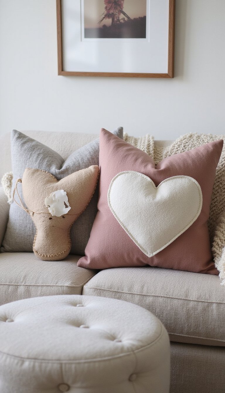 Felt Heart Throw Pillows In Soft Neutrals