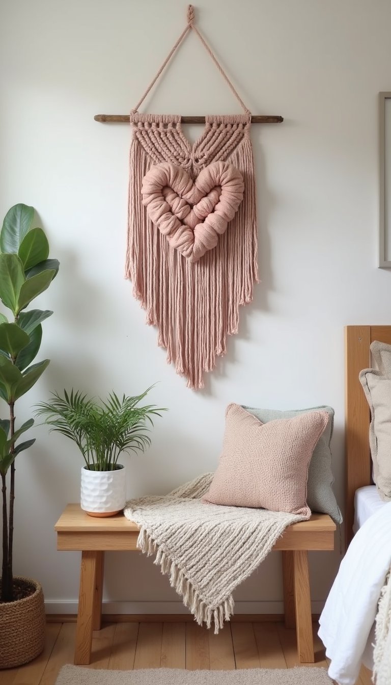 Macramé Heart Wall Hanging In Blush Tones