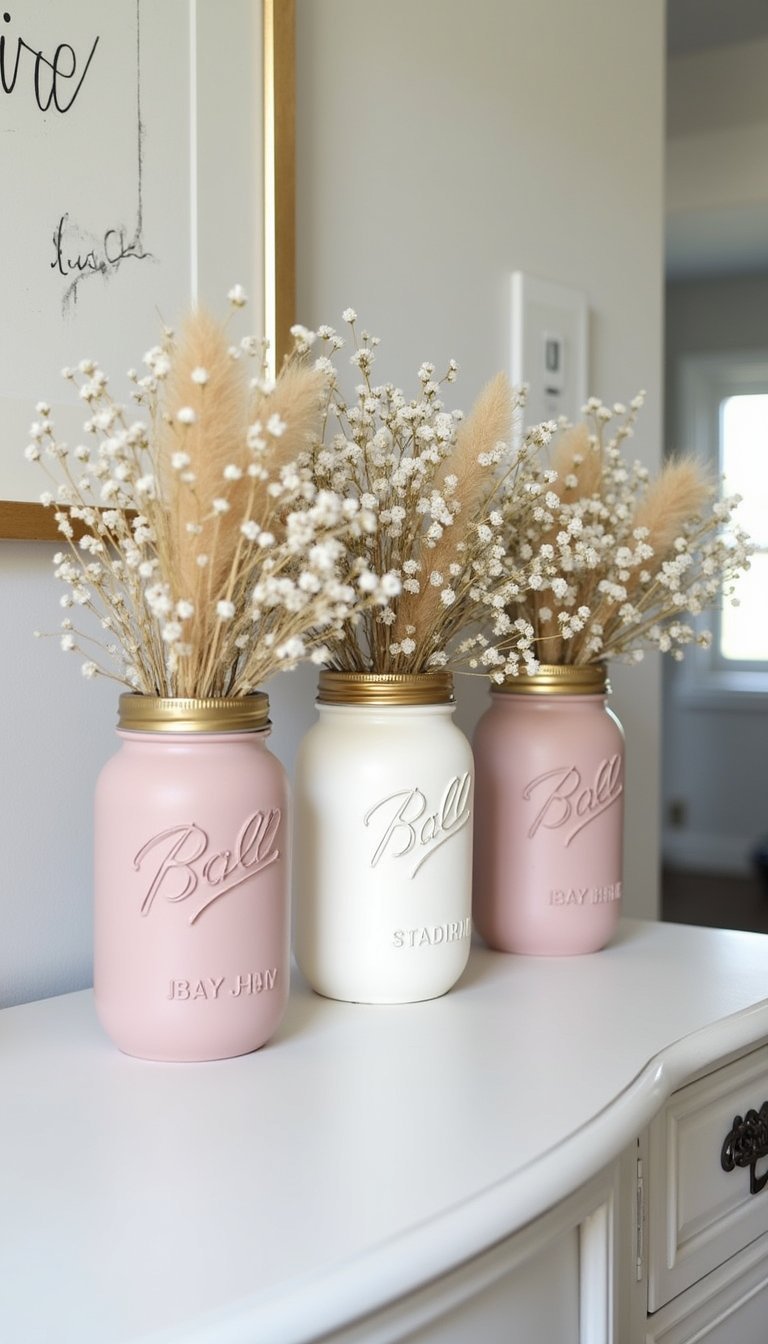 Painted Mason Jar Vase Trio With Metallic Accents