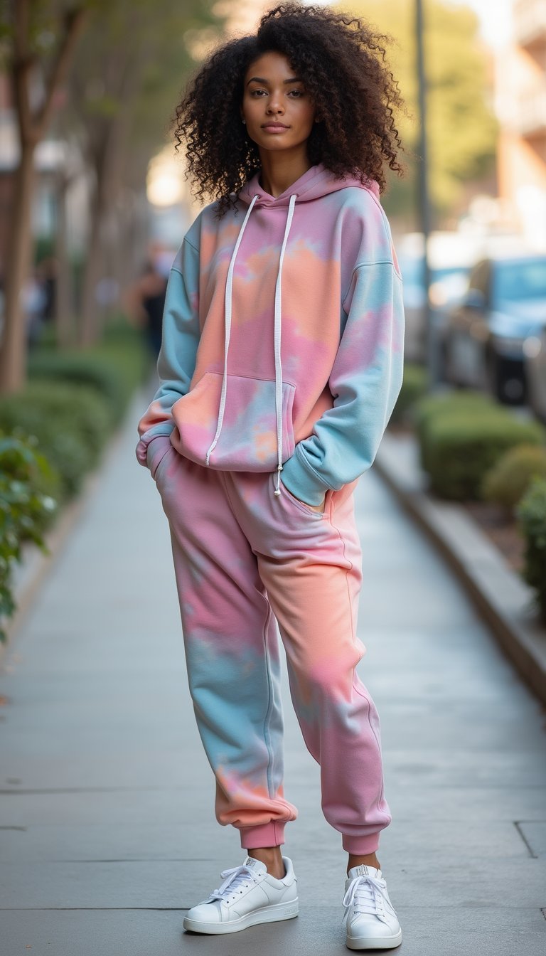 DIY Tie‑Dye Sweatsuit Paired With Classic Trainers
