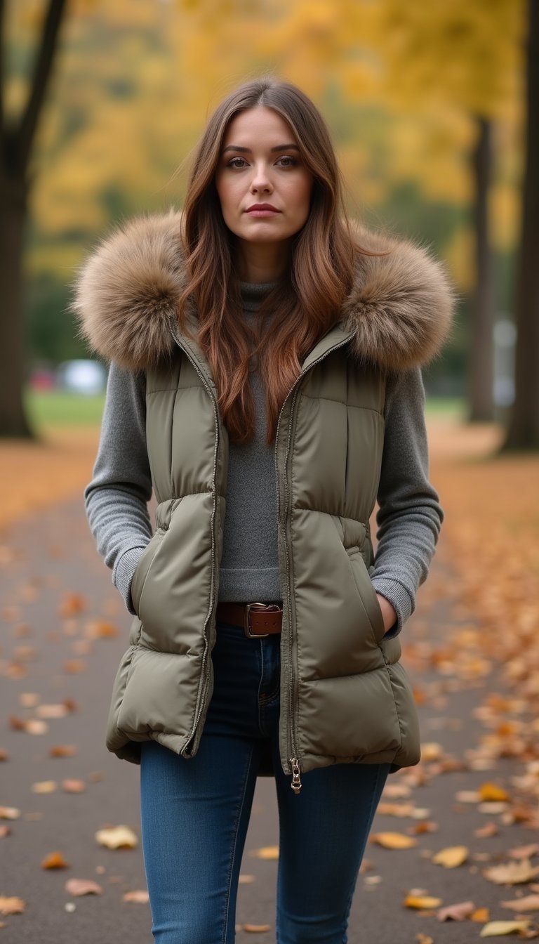 Faux Fur Collar Over Lightweight Puffer Vest