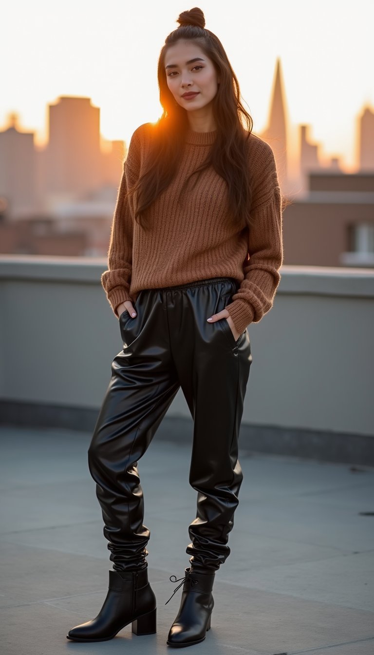 Faux Leather Joggers With Slouchy Team Sweater