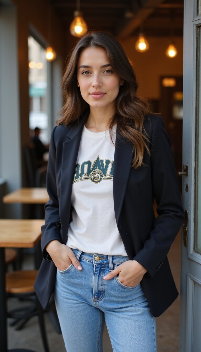 Fitted Blazer Over Team Logo Tee For Chic Edge