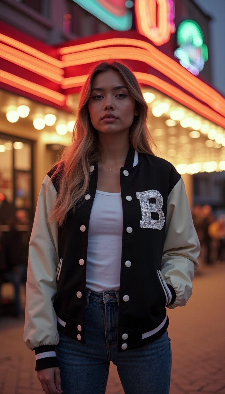 Sequin Letterman Jacket Over Casual Tee