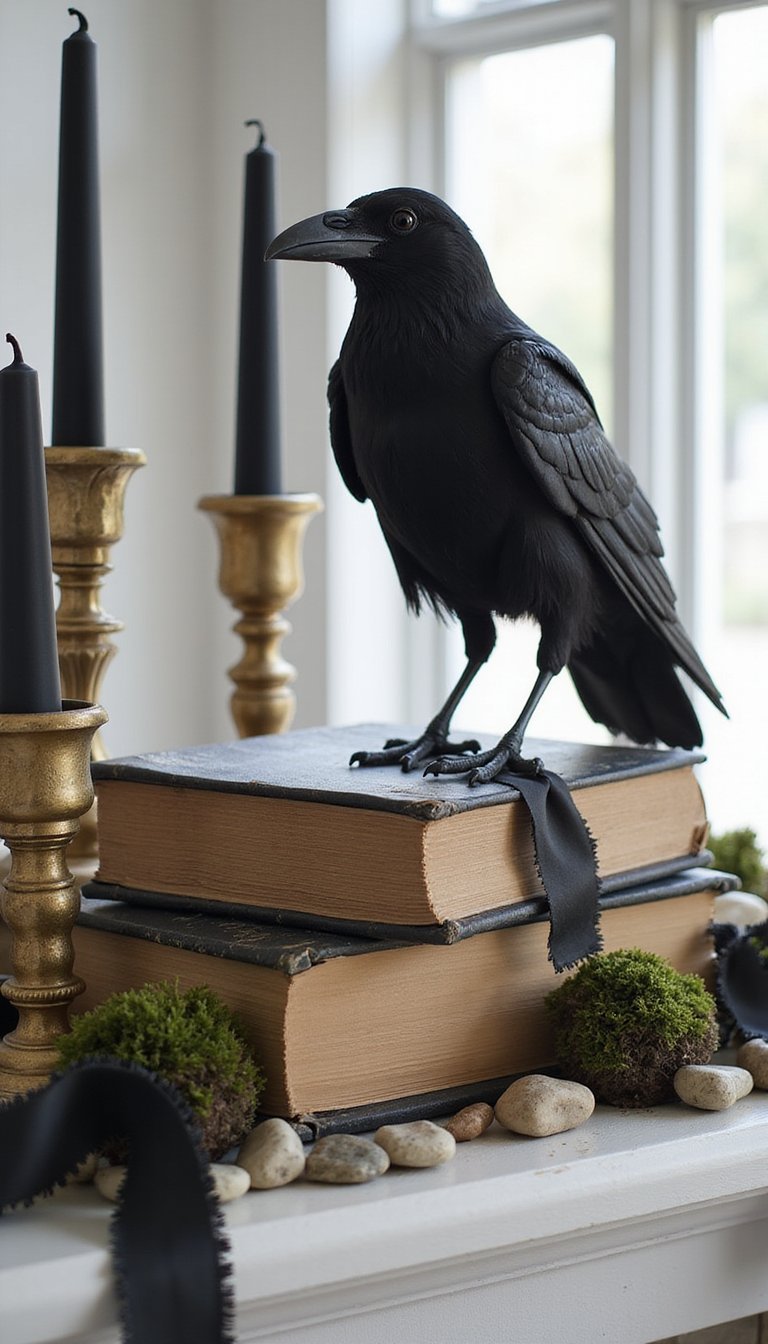 Black Feathered Crow Perched On Rustic Books