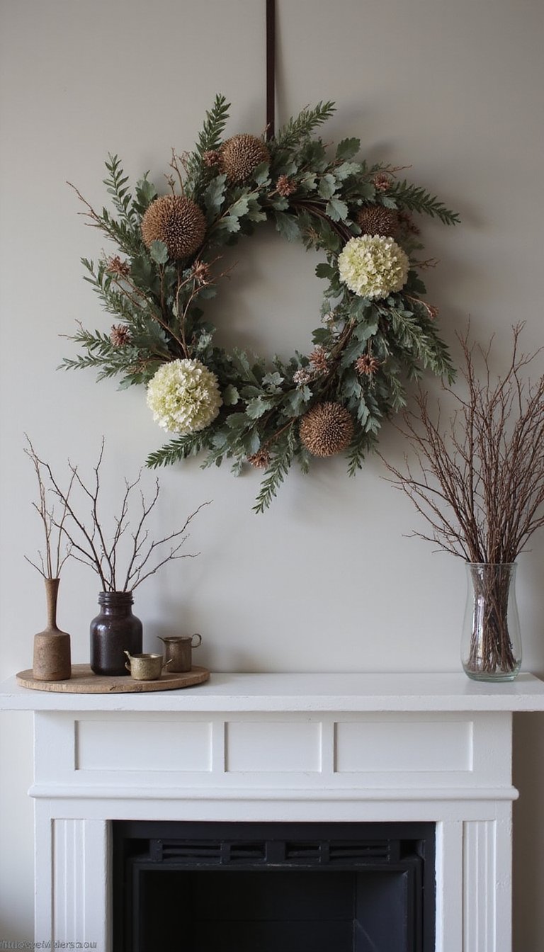 Dried Floral Wreath Hung Above Mantel With Twigs