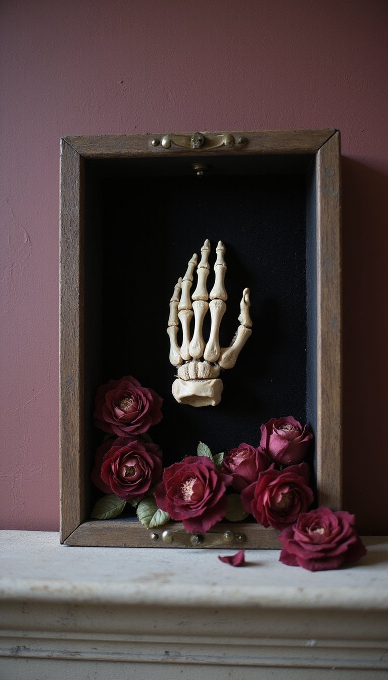 Shadowbox Of Skeletal Hands And Dark Velvet