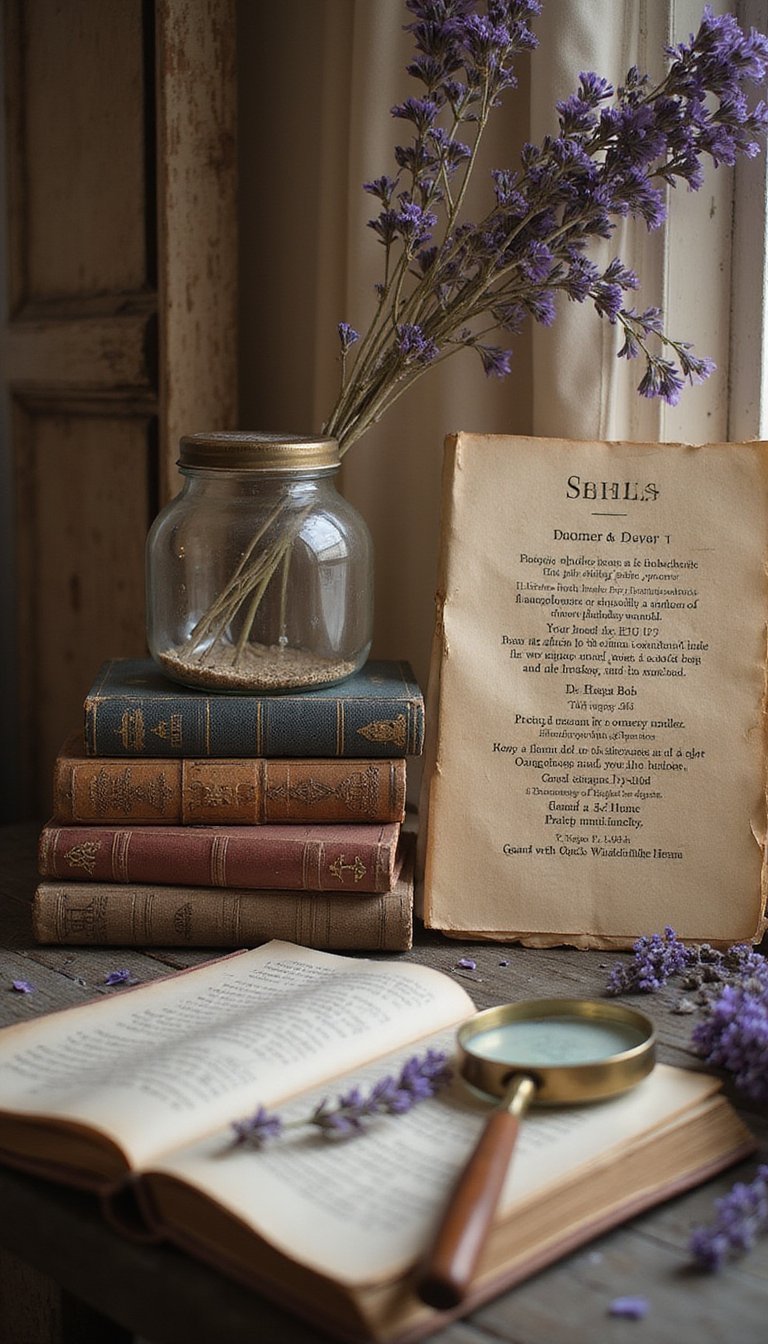 Vintage Book Stack With Spell Pages And Props
