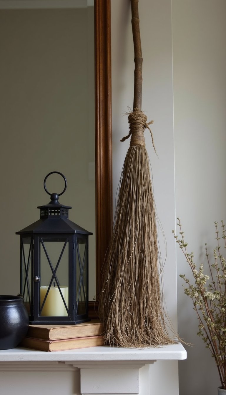 Witch Broom And Lantern Leaned Against Mantel