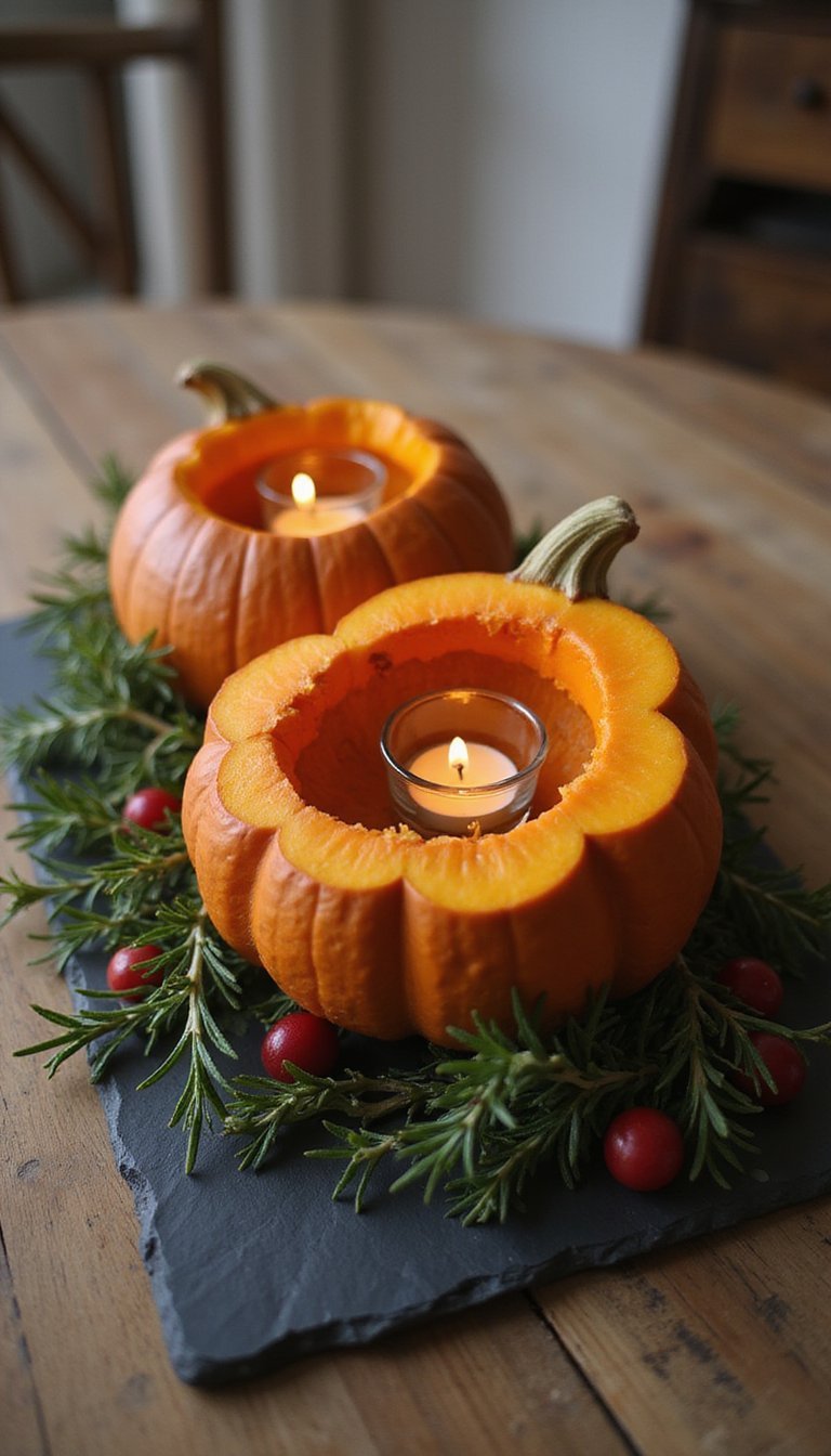 Candle-Filled Hollow Pumpkin Bowl Centerpiece For Dining