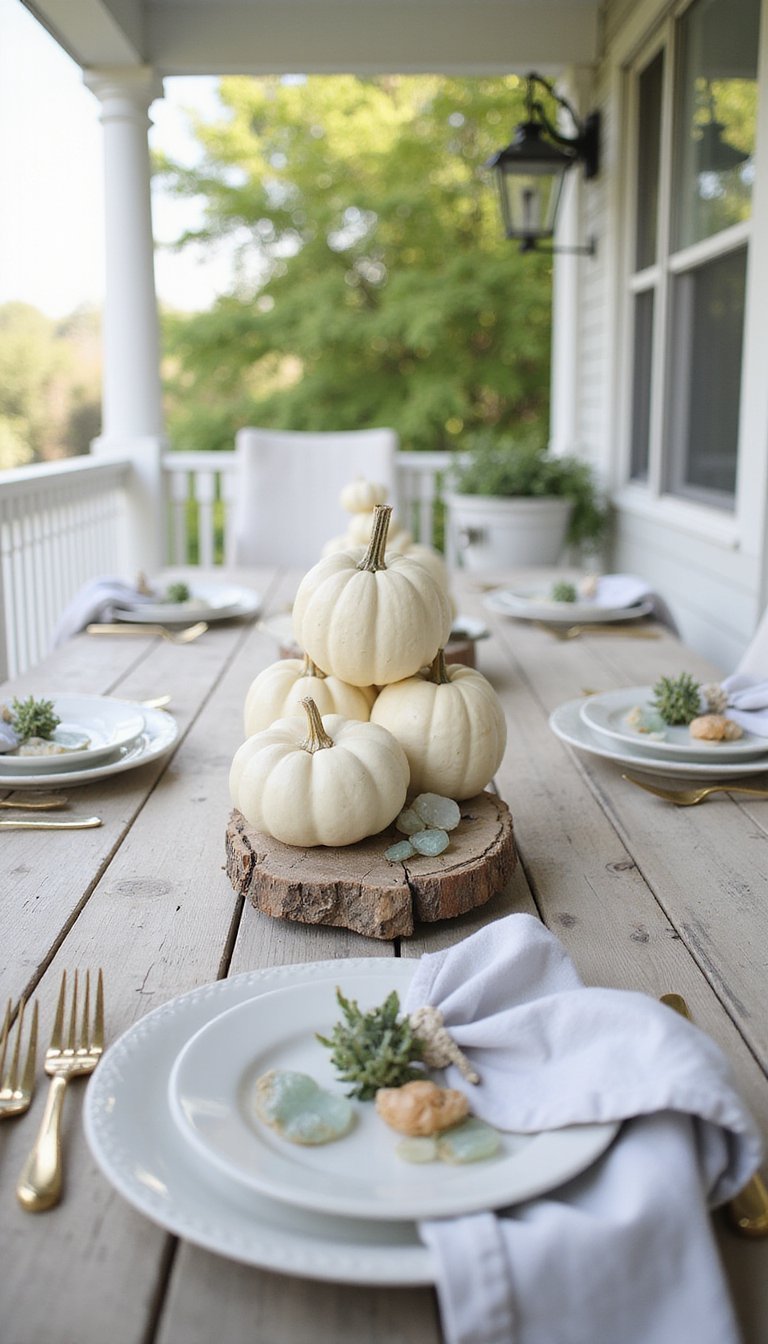 Coastal Whitewashed Pumpkins With Driftwood Base