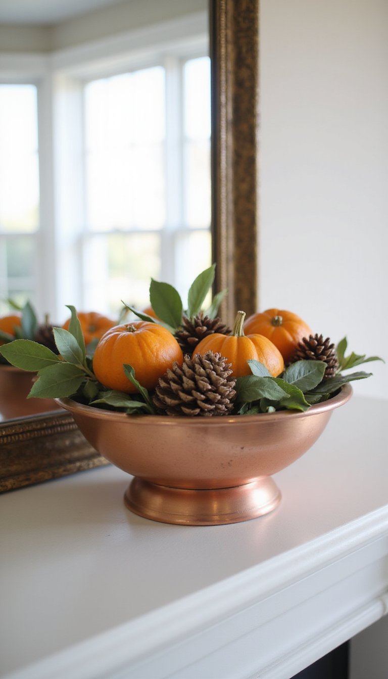 Copper Bowl Full Of Mini Pumpkins And Pinecones
