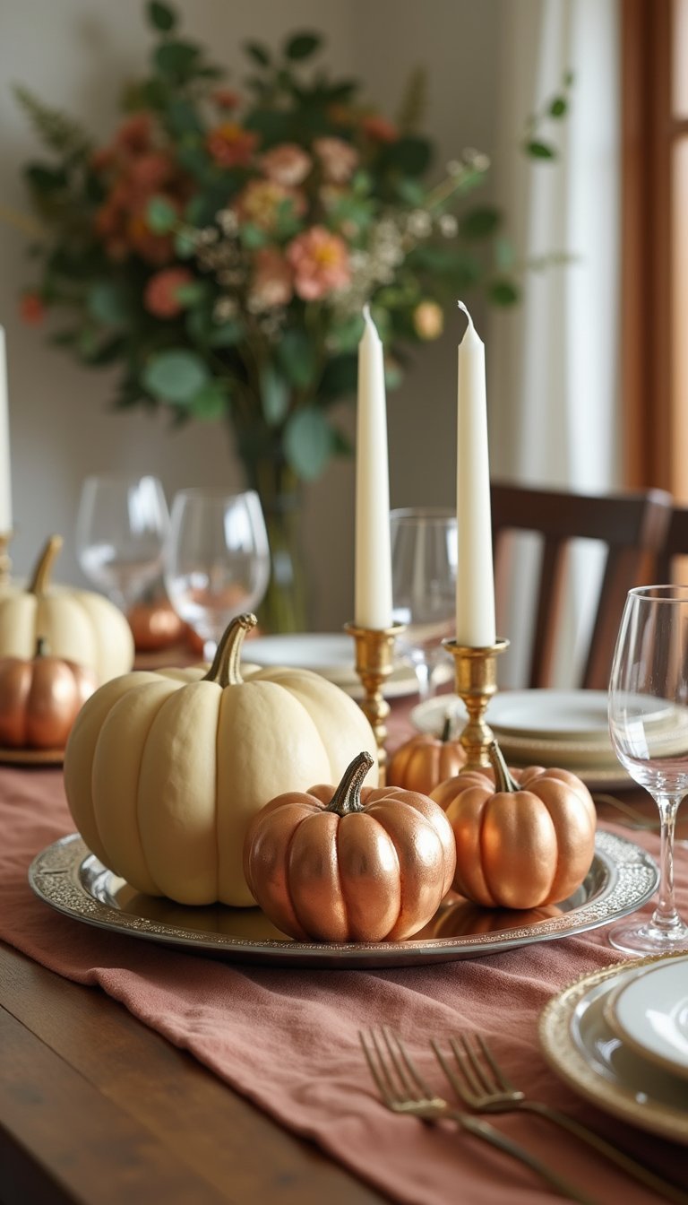 Glam Metallic Pumpkins On Mirrored Tray For Dining