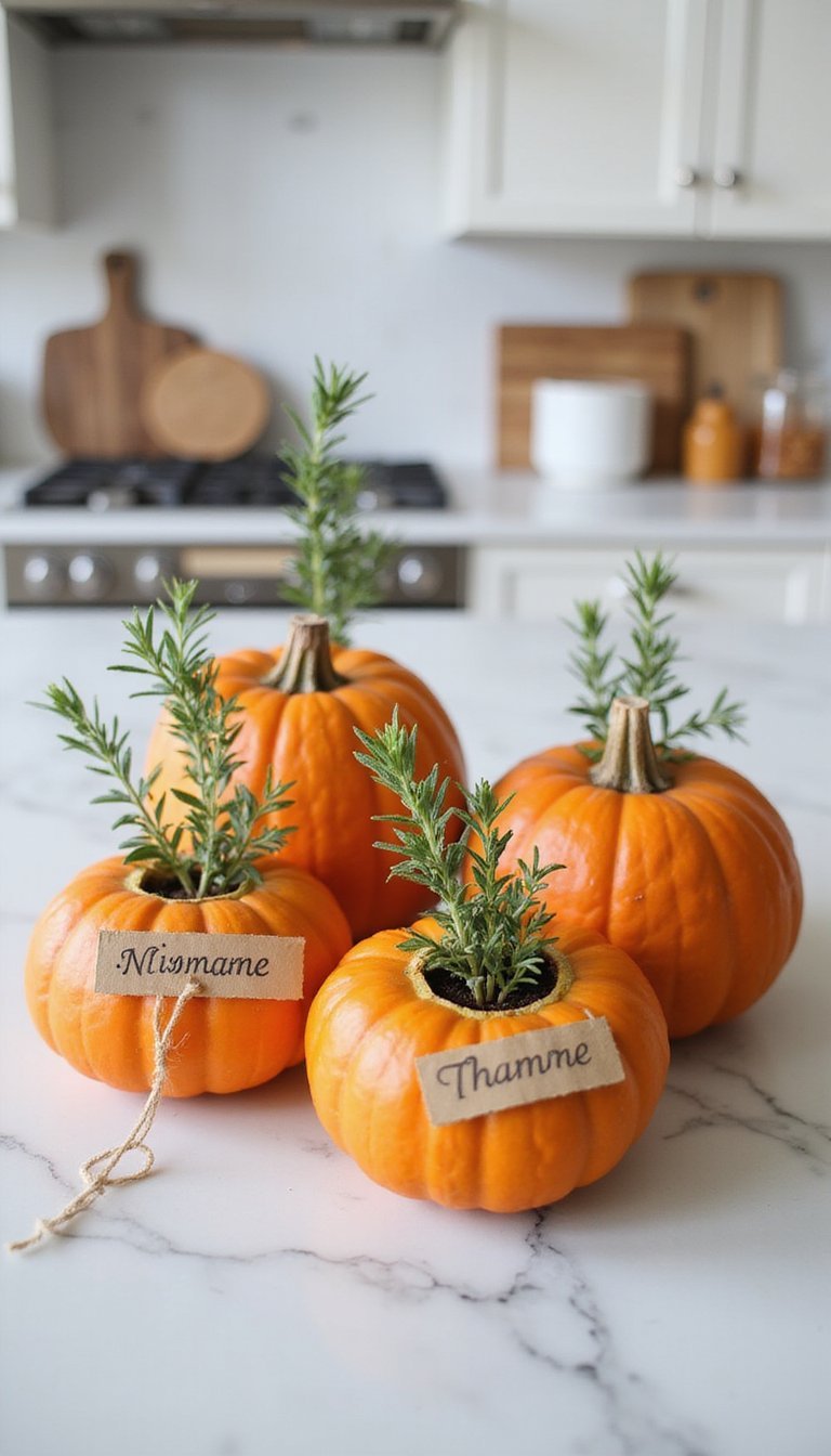 Herb-Filled Mini Pumpkins For Kitchen Island Display