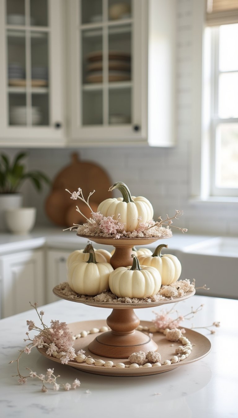 Mini White Pumpkins On A Tiered Cake Stand Display