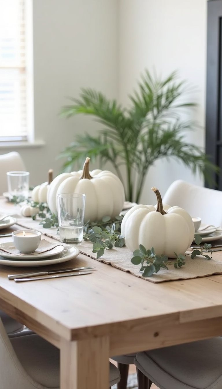 Minimal White Pumpkin And Greenery Cluster For Modern Tables