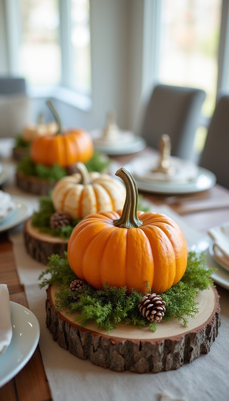 Rustic Wood Slice Pumpkins With Moss Accents