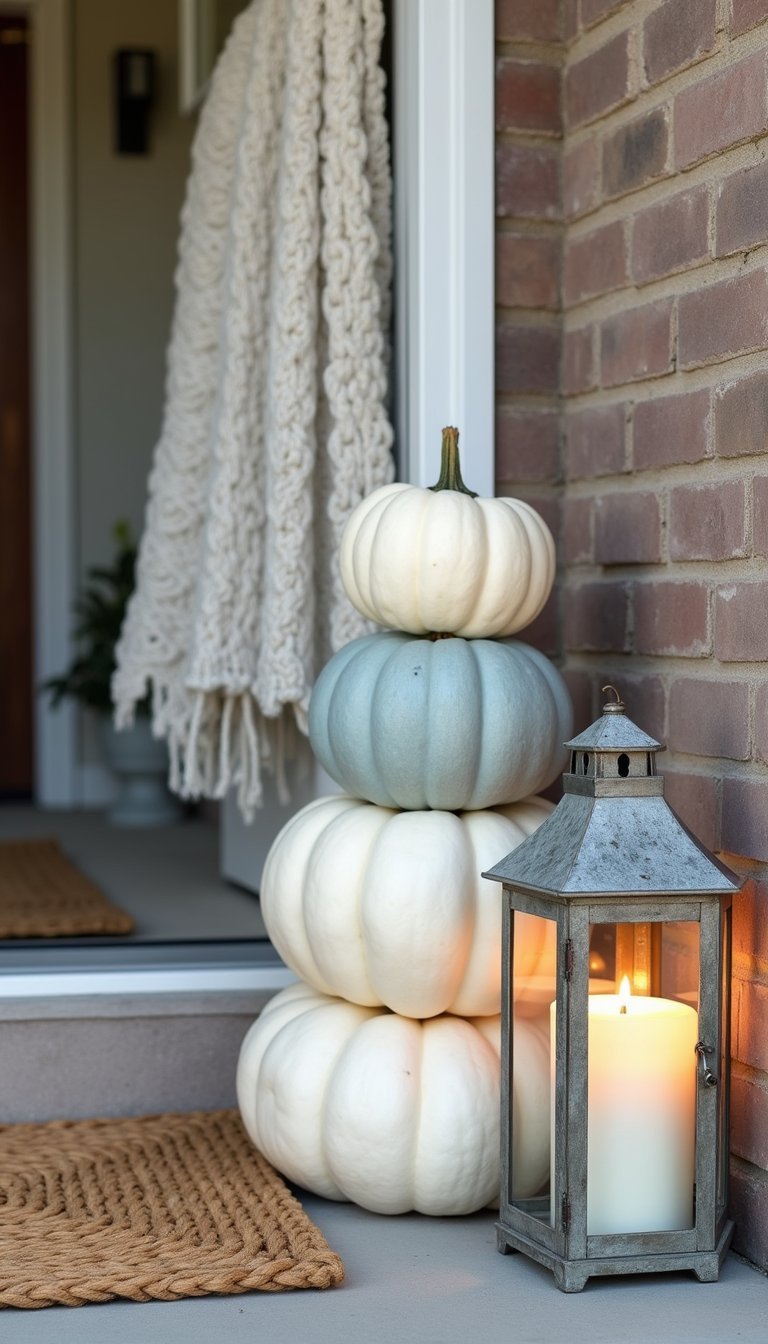 Stacked Pumpkins And Lantern For Cozy Entryway Welcome