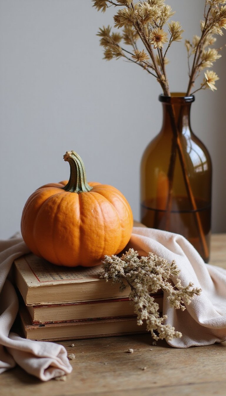 Vintage Book Stack With Pumpkin And Floral Arrangement