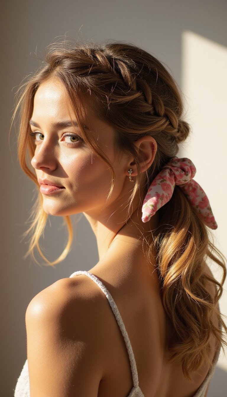 Braided Scrunchie Ponytail With Soft Waves
