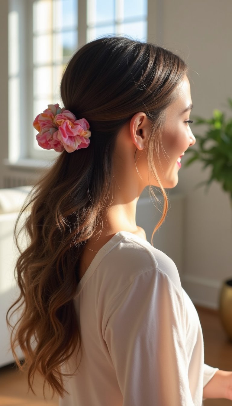 Half-Up Bubble Ponytail With Bright Scrunchie