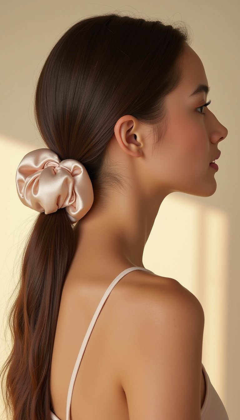 Low Sleek Pony Tied With Satin Scrunchie