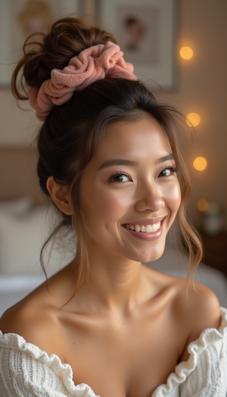 Messy Sock Bun Secured By Plush Scrunchie