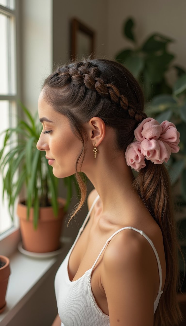 Ponytail With Braided Wrap And Accent Scrunchie