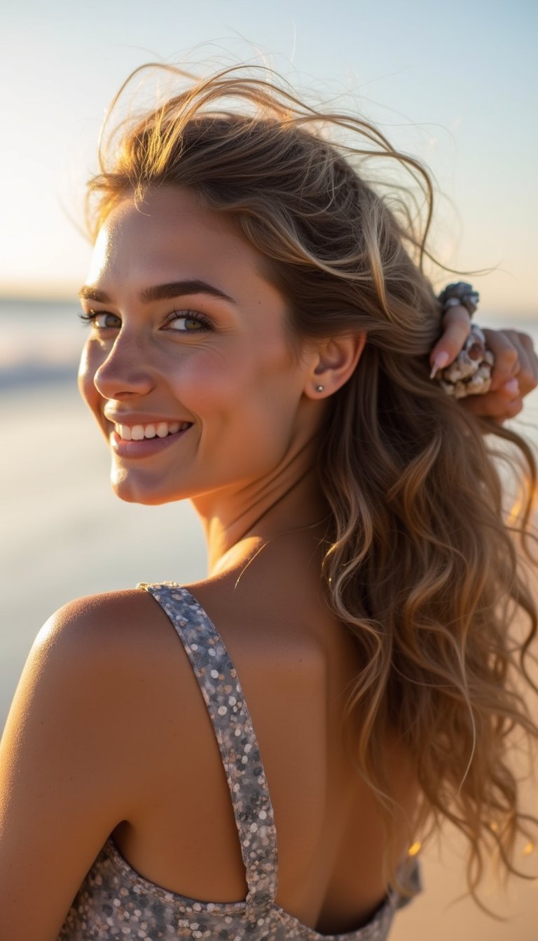 Textured Beach Waves Pulled Back With Scrunchie
