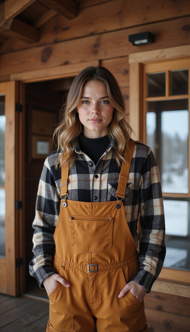Classic Plaid Shirt With Insulated Overalls