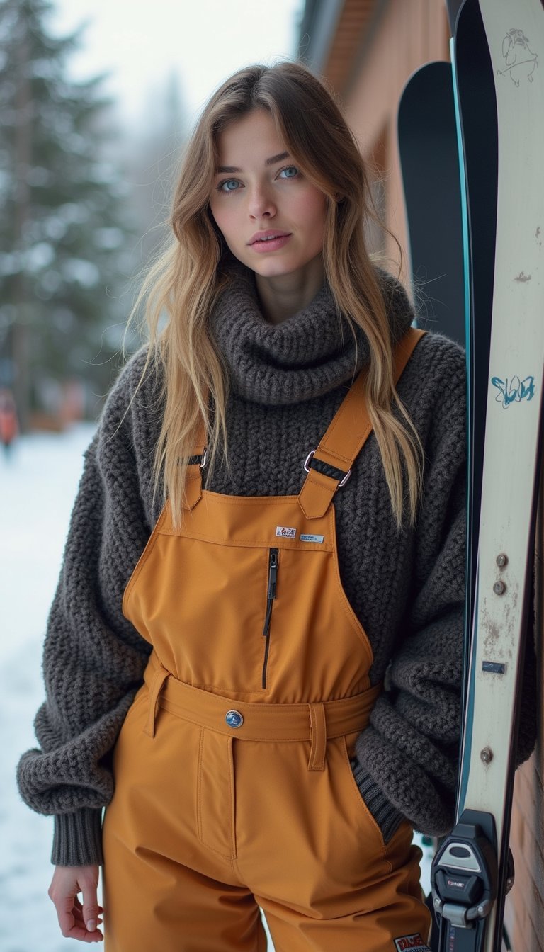 High-Waist Ski Bibs With Cropped Sweater Layered