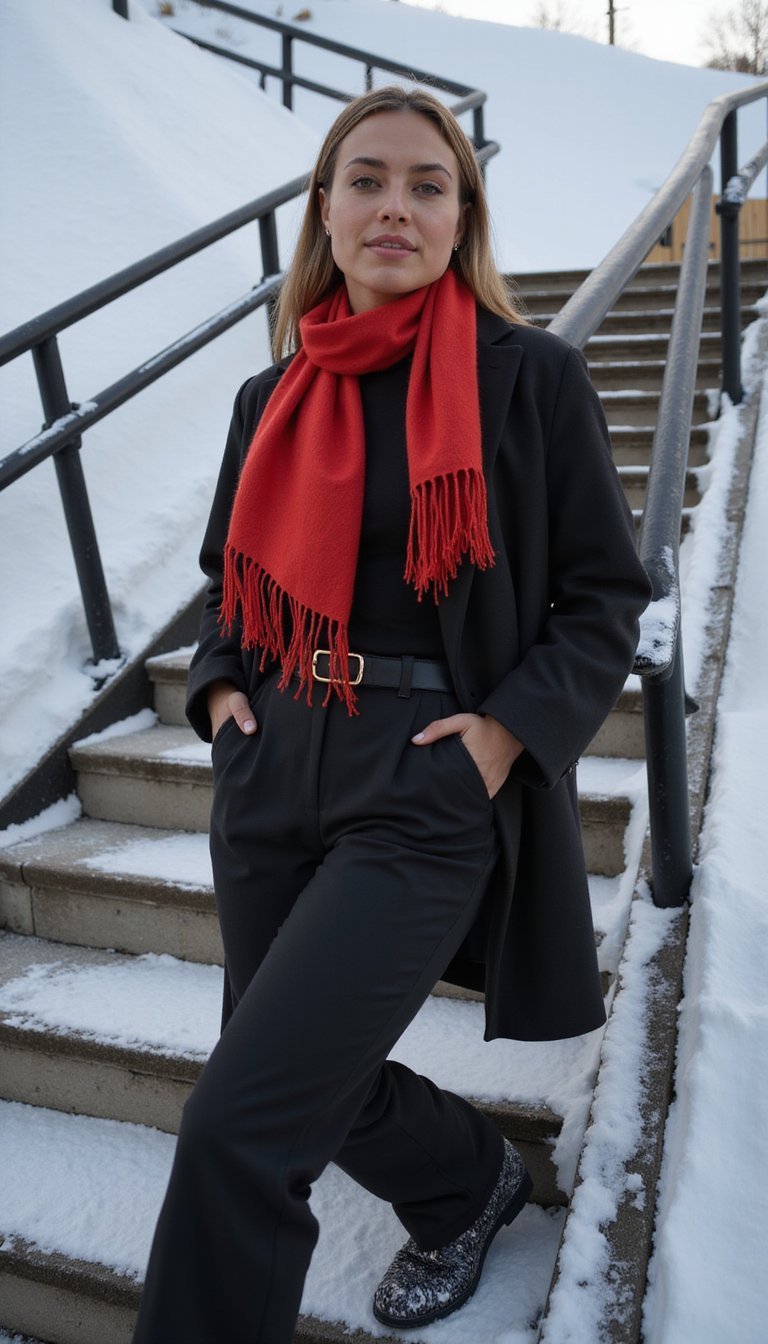 Sleek Monochrome Base With Bright Accent Scarf