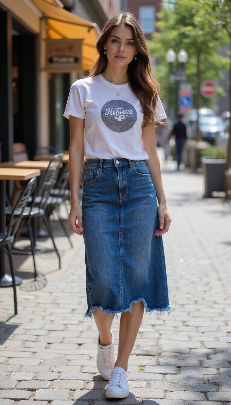 DIY Denim Midi Skirt And Graphic Tee Combo